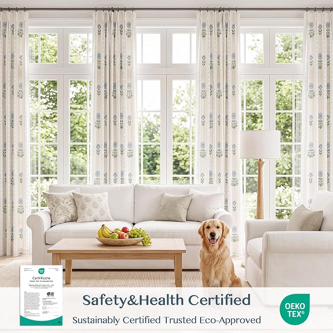 THREE GIRLS Pinch Pleated Light Filtering Linen Blend Floral Block Print Curtains for Living Room, Bedroom, Modern Farmhouse, Memory Trained, Hooks, 2 Panels Set, 40"x84", Blue