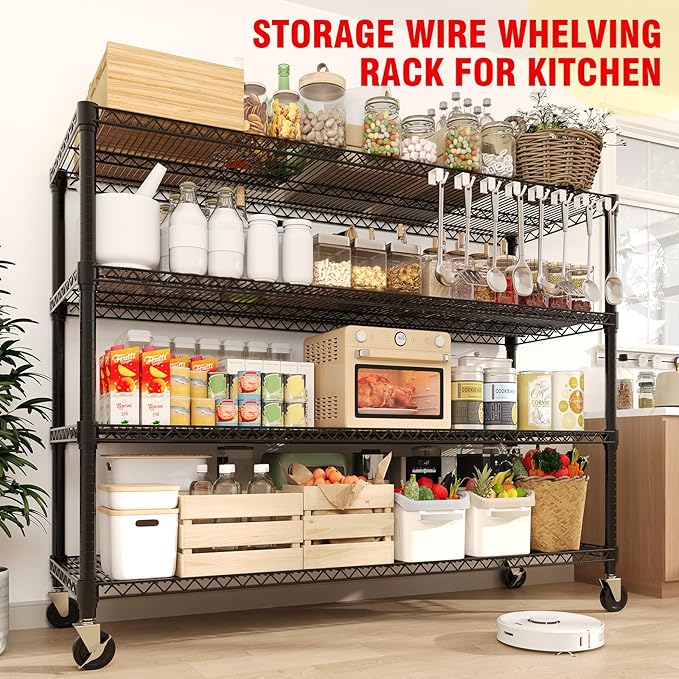4-Tiers Storage Shelves 59" W x 71.8" H Heavy Duty Garage Shelving Units with Wheels, 2640LBS Rolling Wire Shelving Rack for Garage Kitchen Warehouse Industrial Pantry