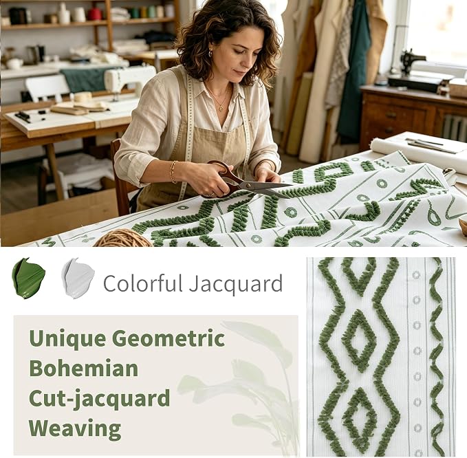 BGment Green Jacquard Linen Curtains, Botanical Tufted Pom Stripe Geometric Pattern Drapes with Grommet for Bedroom Living Room Light Filtering, 52 X 98 Inch, 2 Panels