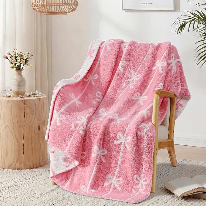 WRENSONGE Soft Throw Blanket for Couch-Cozy Reversible Knitted Blankets | Lightweight Warm Fluffy Decor for Women, Mom, Her & Girls, Sofa, Chair, Bed, 50x60in, Pink Bow
