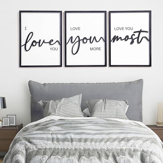 3D Wood I Love You Sign, Framed Love You More Sign 36x16”, Black And White Wall Decor for Bedroom Room Living Room (12x16 inches, Set of 3, Framed)