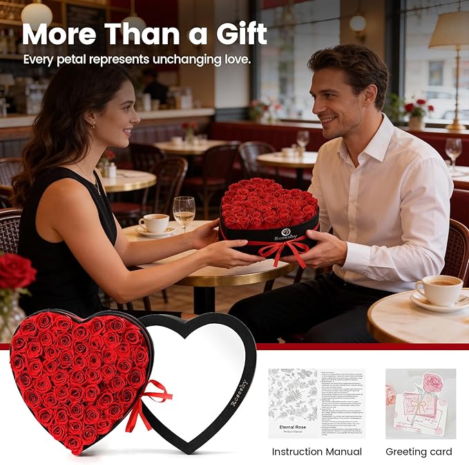 Valentines Day Flowers Roses Gifts for Her,50pcs Red Forever Preserved Roses in Heart Shape Gift Box,Valentines Day Delivery Prime Gifts-Roses Gifts for Women,Mom.