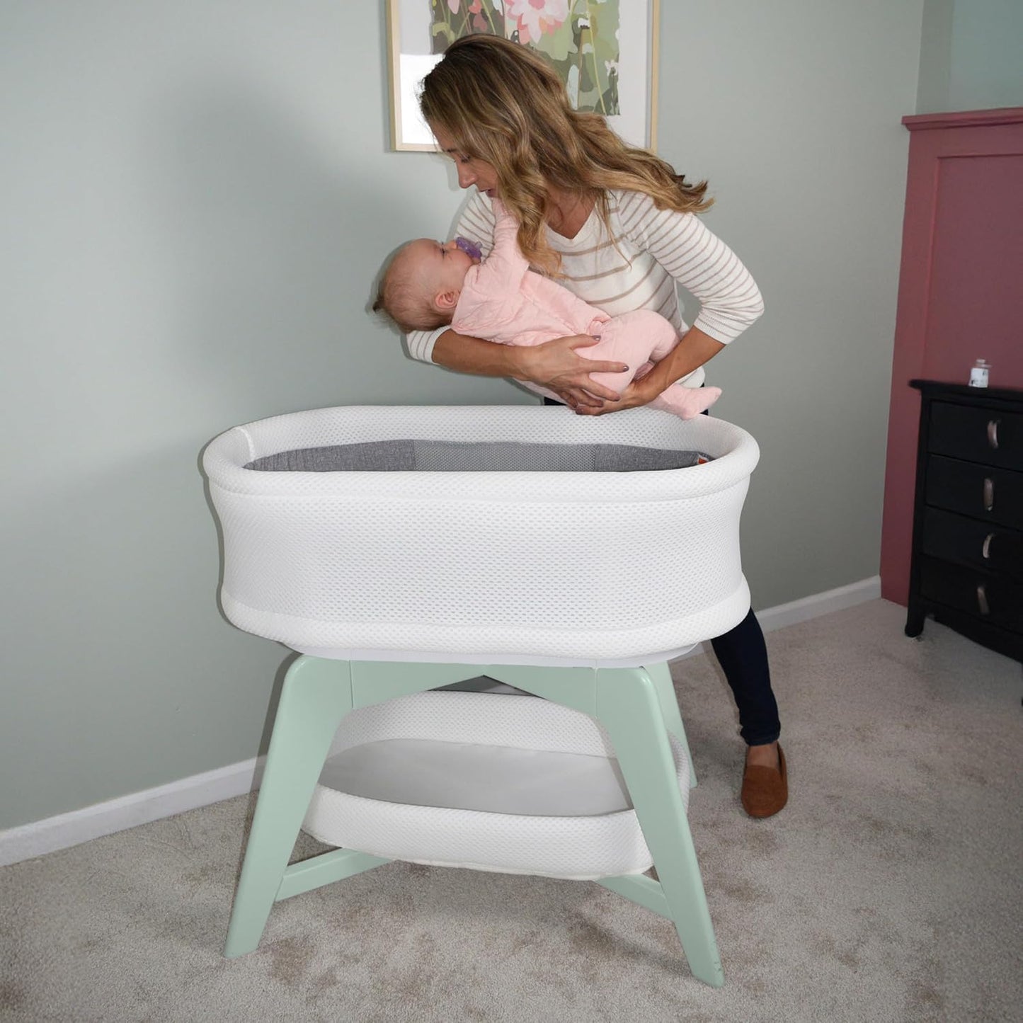 Evi Smart Baby Bassinet Beside Sleeper with Auto-Glide, Ambient Nightlight & Sensory Sounds, Compatible with Alexa and Google Home, Includes 2 Sheets (White w/Mint Green Base)