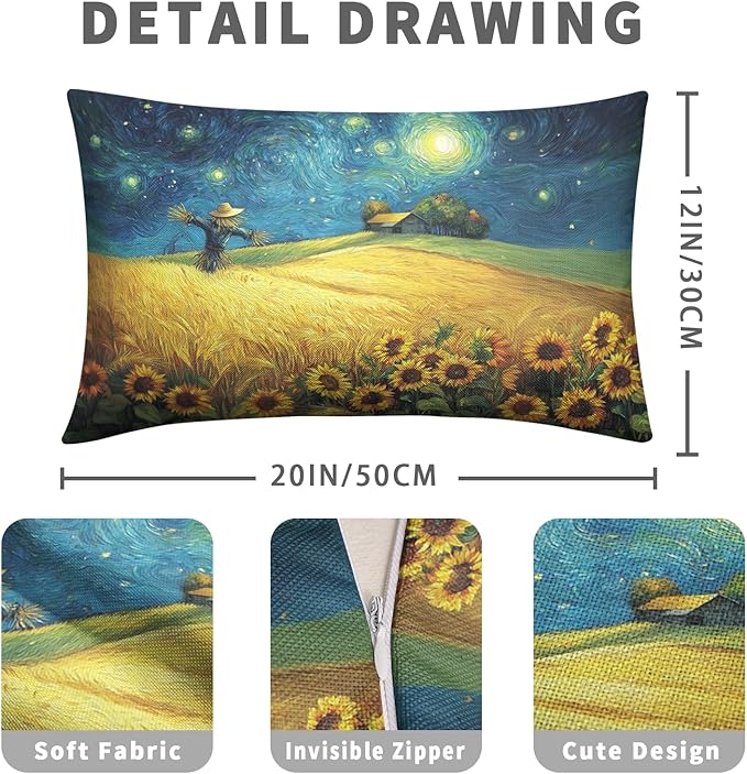 Fall Lumbar Throw Pillow Covers 12x20 Set of 2 Autumn Sunflower Wheat Field Harvest Pillow Covers Scarecrow Under Van Gogh Starry Night Rectangular Pillowcase for Home Decor Couch