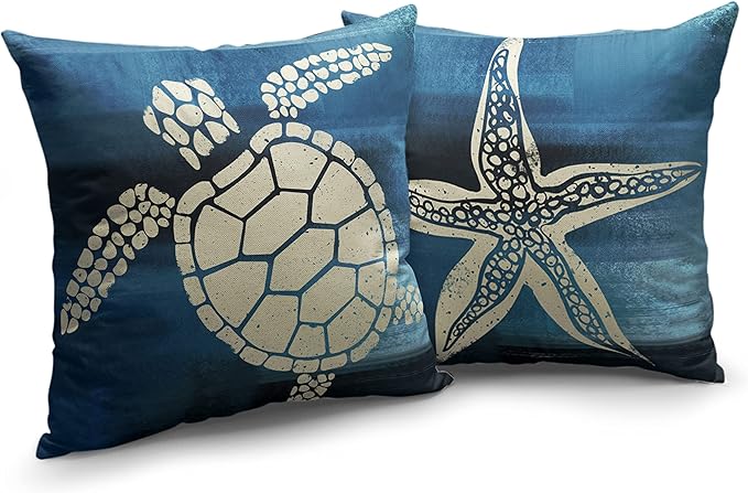 2 Pack Beach Theme Pillow Covers 16x16 Coastal Nautical Decorative Pillow Covers Starfish Sea Turtle Print Linen Square Pillow Case for Living Room Car Outdoor, Blue
