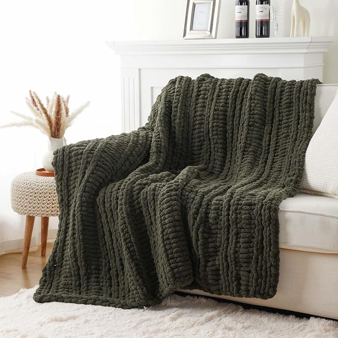 Battilo Chunky Knit Throw Blanket for Couch, 50"x60", Olive Green | Hand Knit, Gift Blanket, Cozy Warm Thick Soft Chenille Throw Blanket for Bed, Sofa, Living Room
