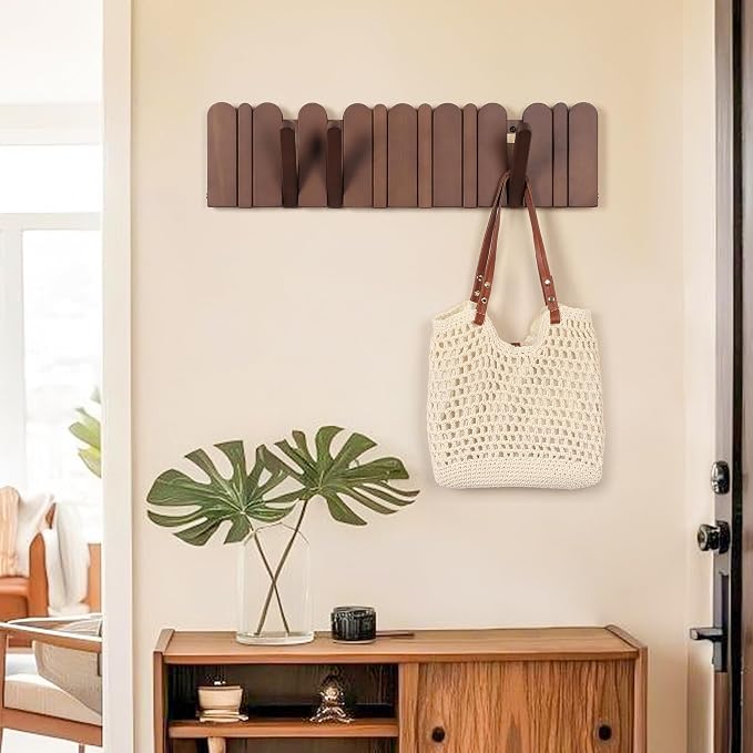 Wall Coat Rack for Entryway: Wooden Modern Heavy Duty 8 Hooks 21.6'' Retractable Wall Mounted for Mid Century Home Decor Hallway Bathroom Bedroom for Hanging Jacket Towel Backpack Bag