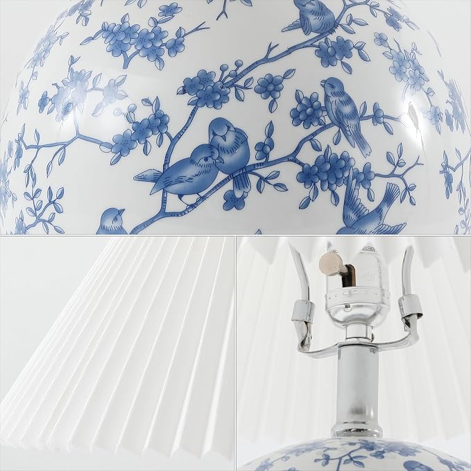 JONATHAN Y 19.5" White/Blue Shishen Chinoiserie Ceramic Table Lamp, Traditional Hand-Painted Floral Cottage Lamp with White Pleated Linen Shade, LED Bulb Included (JYL5056B)