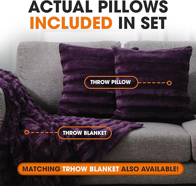 Cheer Collection Faux Fur Throw Pillows - Decorative Pillows for Couch, Bed Throw Pillows, Purple Accent Pillows for Bedroom or Living Room Aesthetic, Set of 2 Furry Throw Pillows, 22" x 22"