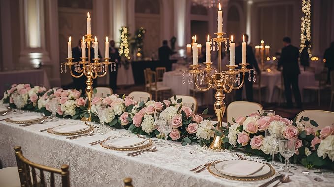 5 Arm Black Candelabra Centerpiece for Table, 20.3” Tall Metal Candlestick Candle Holder for Taper Candles, Gothic centerpieces for Tables, Wedding, Party, Reception (Gold, 2pcs)