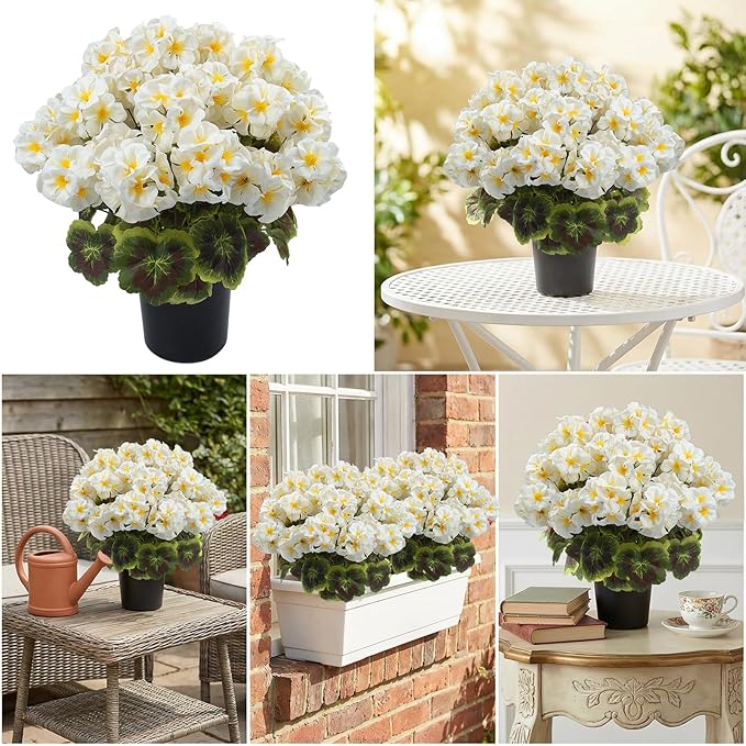 lovemoon 2 Pcs Geranium Potted Artificial Flowers, Fake Geraniums Plants UV Resistant Silk Potted Plants for Outdoor Home Décor Office Porch Garden Decor (2, White)