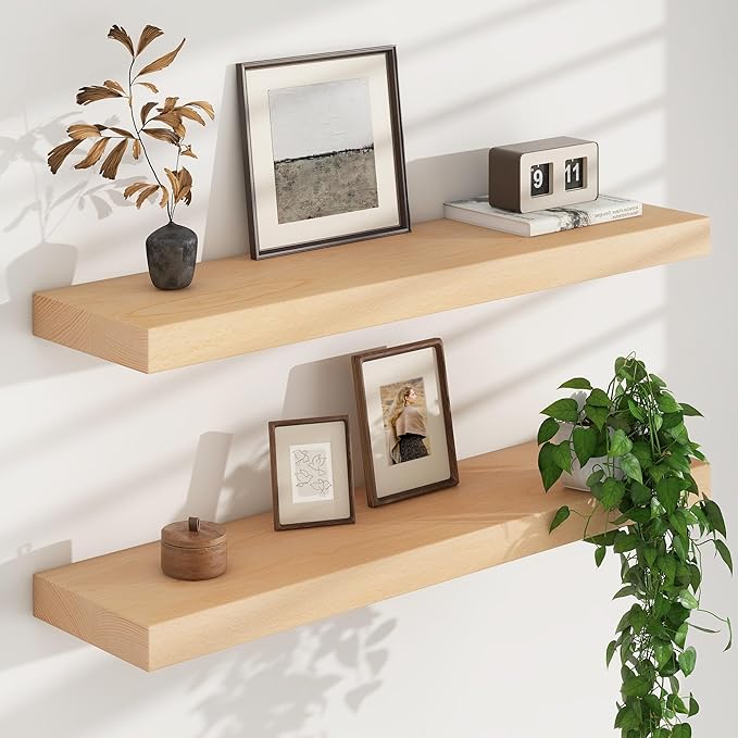 Floating Shelves for Wall, USA-Sourced Beech Wood 32 Inch Wall Shelves Set of 2, Natural Wooden Mounted Picture Ledge Shelf, Nursery Book Storage Shelf Kids Bookshelf Display, Shelf for Bathroom
