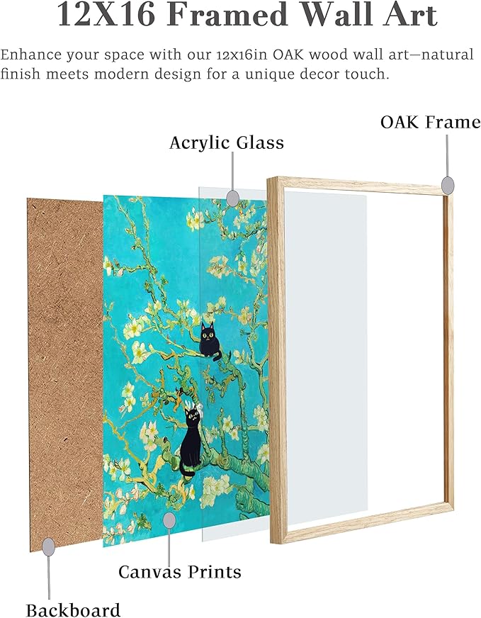 UPWOIGH Van Gogh Inspired Almond Blossom Wall Art with Black Cats, Blue Floral Canvas Print, Beige Oak Wood Framed 12x16 Inch Deco