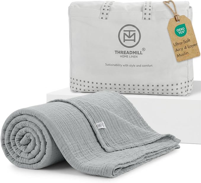 Threadmill Summer Muslin Twin Blanket | 4 Layer 100% Cotton Gauze Blanket | Pre Washed, Soft and Breathable Muslin Throw Blanket | Ideal for All Seasons | Lightweight Picnic Blanket| Light Grey