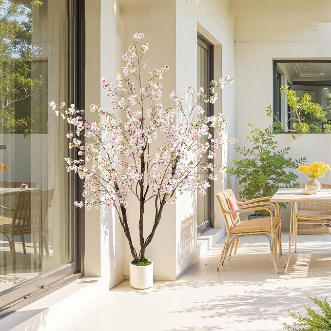 Caxchiling Artificial Cherry Blossom Tree 6FT, Pink Faux Floor Tree | Ball-Shaped Pot with Moss Topper, Lifelike Faux Tree for Home Office, Living Room, Bedroom, Doorway and Hallway Decor