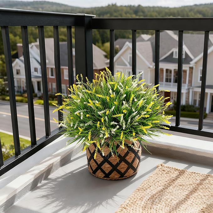 Ammyoo Artificial Faux Plants for Outdoor Spring Decoration, 12 Pcs Fake Monkey Grass for Garden Porch Balcony Planters, Fake Flowers Shrubs UV Resistant No Fade Plants Greenery Bush(Yellow White)