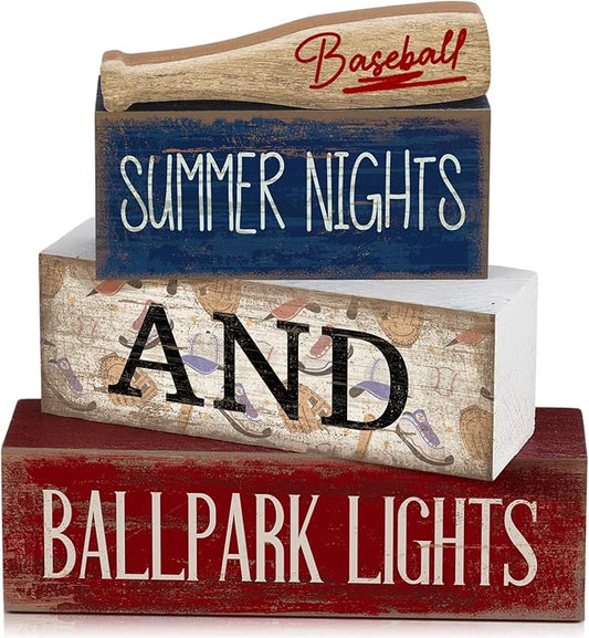 Lineshading 4 Pcs Baseball Decorations Stacked Wooden Blocks Signs with Bat Topper, Summer Nights Ballpark Lights Decor - Baseball Table Decor Ideal Gift for Fans Boys Room Party Coffee Shelf