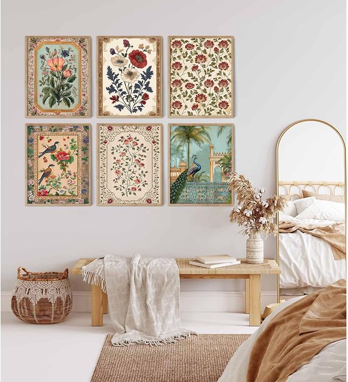 Indian Wall Art Vintage Floral Canvas Poster India Wall Decor Folk Flower Prints Scandinavian Pictures Antique Botanical Painting Gallery Artwork for Bedroom Living Room 12x16 Inch Unframed Set of 6