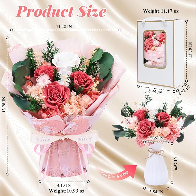 Preserved Pink Rose Bouquet Romantic Flowers Gift Set for Valentine | Preserved Pink Rose Bouquet for lovely Ladies Forever Flowers Gift set for Mom Wife Grandma, Anniversary Mother’s Valentine