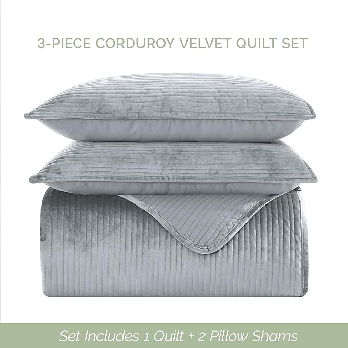 Elegant Comfort Luxury 3-Piece Velvet Corduroy Stripe Quilt Set, Ultra Soft Bedspread - Cozy Velvet Coverlet Set - 3PC Medium Weight Quilted Set with Matching Pillow Shams, Twin, Gray