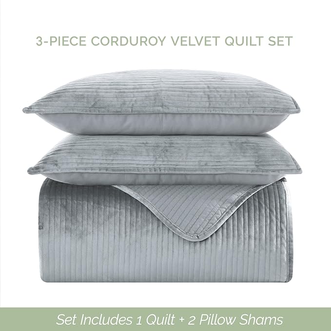 Elegant Comfort Luxury 3-Piece Velvet Corduroy Stripe Quilt Set, Ultra Soft Bedspread - Cozy Velvet Coverlet Set - 3PC Medium Weight Quilted Set with Matching Pillow Shams, Twin XL, Gray