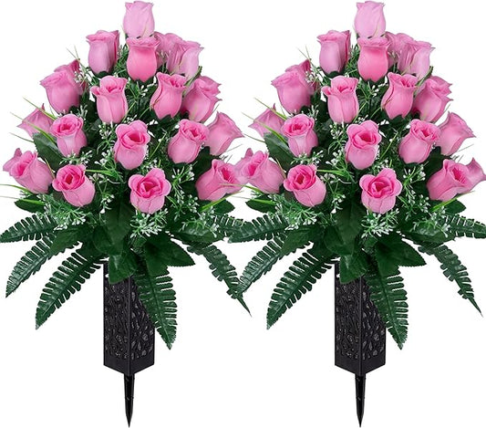LVXINLI 2 Sets Artificial Cemetery Flowers,Outdoor Grave Decorations Roses,Beautiful Arrangements Bouquet with Cemetery Vase,Lasting and Non-Bleed Colors (Light Pink)