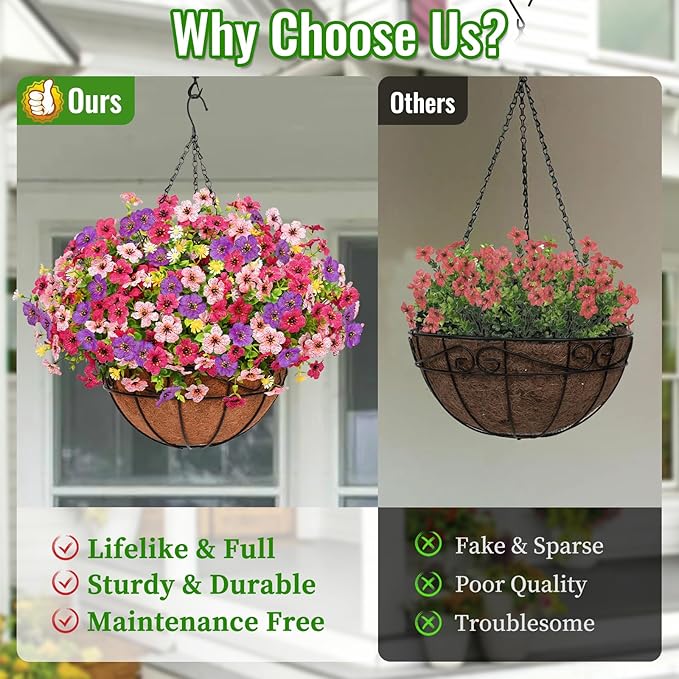 2 Pack Artificial Hanging Flowers for Outdoors, Fake Hanging Plants with 12" Baskets, 24 Pcs UV Resistant Artificial Hanging Flowers for Decoration Outdoors Garden Patio Porch Yard Spring Summer Decor
