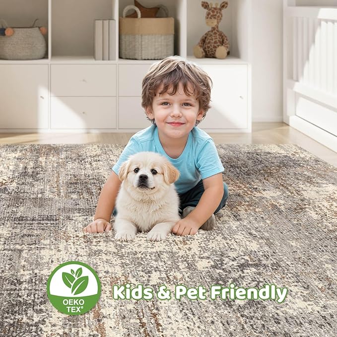 5x8 Area Rugs Living Room: Washable Large Abstract Neutral Modern Soft Rug Stain Resistant Indoor Floor Non-Slip Accent Carpet for Bedroom Nursery Playroom Dining Room Office Home- Sand Brown Black