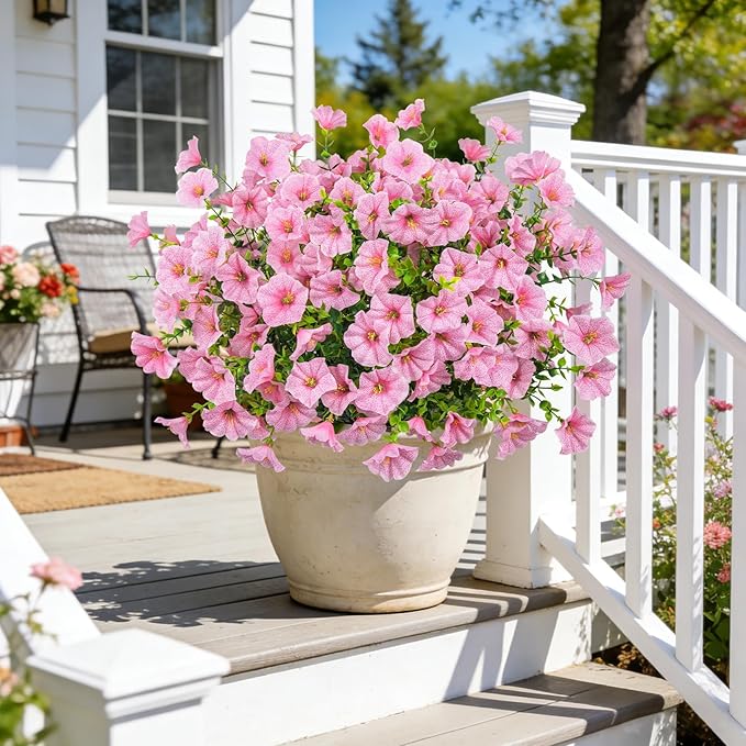Ouddy Decor 24 Bundles Artificial Flowers for Outdoors, Fake Petunias Flowers Silk Morning Glory with Eucalyptus Faux Plants for Indoor Outside Spring Summer Yard Garden Porch Home Decor, Pink