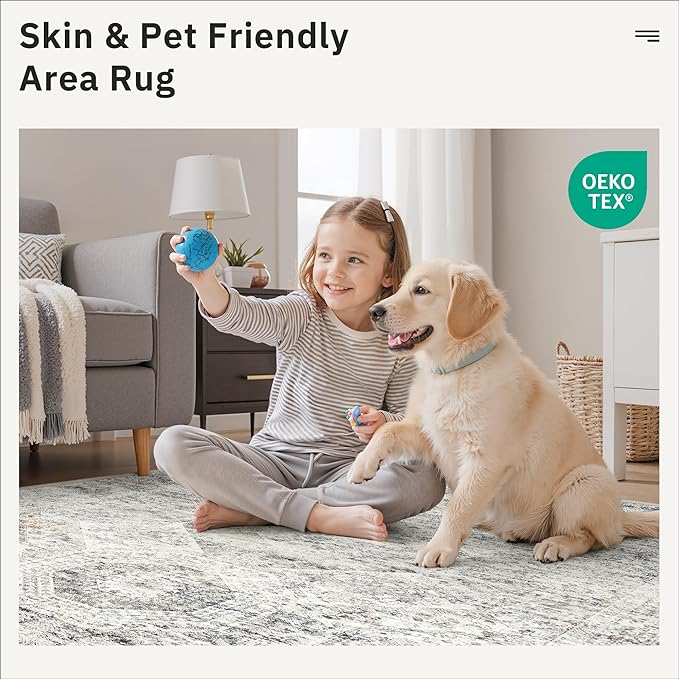 Soalmost 5x7 Area Rugs Blue Ivory Low Pile Indoor Washable Trendy Faded Style Rugs for Bedroom Living Room Dining Room Foldable Non-Slip Thin Print Mat