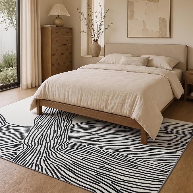 10x14 Extra Large Washable Area Rug, Black and Cream White Abstract Rug | Extra Large 10x14 Modern Abstract Rug, Soft Faux Wool Low Pile with Non-slip Backing; for Living Room, Dining Room, Bedroom