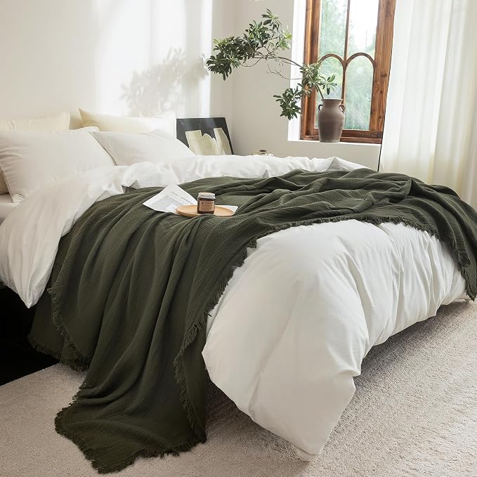 FOSSA Muslin Blanket 4-Layer 100% Cotton Gauze Blanket with Fringe 66"x90" | Super Soft Breathable Lightweight All Season & Decorative Blanket or Bed, Sofa, Office (Olive Green,Twin XL)