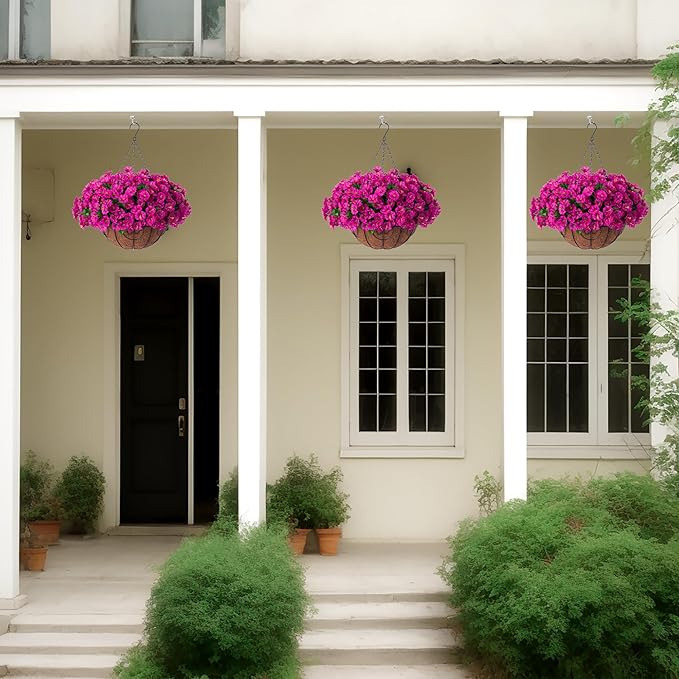Ammyoo Artificial Hanging Flower Plants with Basket for Outdoor Decoration, Faux Petunias Flowers Fake Morning Glory Planter for Outside Patio Garden Porch Balcony Yard Decor(Fuchsia)