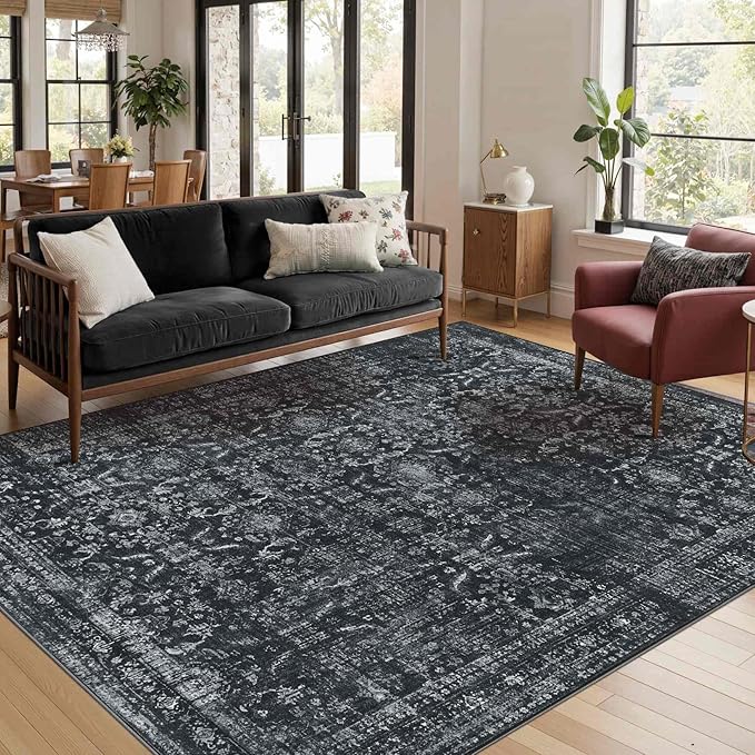 Rugxara 4x6 Rug for Living Room Bedroom, Black Washable Throw Rugs, Vintage Retro Boho Area Rugs, Non Slip & Low Pile Accent Throw Carpet for Indoor Dining Room, Kids Room and Office(Black 4x6ft)