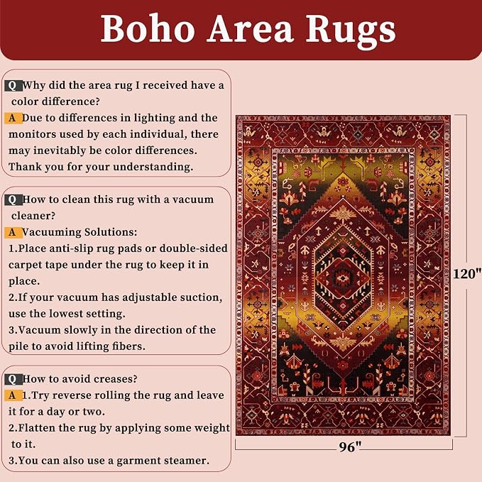 SERISSA Washable Rugs 8x10 Area Rugs, Large Non-Slip Boho Living Room Rug, Ultra Soft Oriental Vintage Rustic Red Gold Print Distressed Carpet for Dining Room Bedroom Dorm Office Home Decor