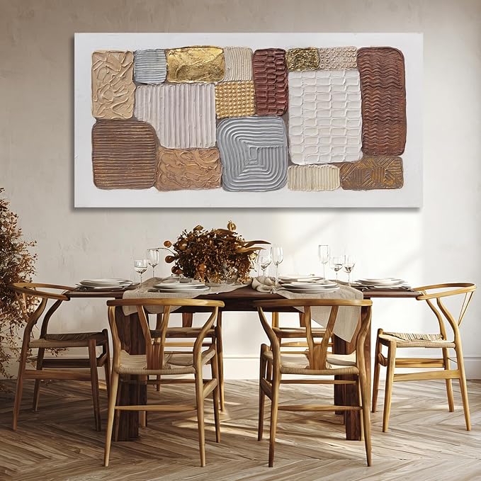 Dolidoteart Abstract Canvas Wall Art, Oversized Earth Tone Geometric Wall Decor Print, Neutral Brown Beige Gold Horizontal Artwork for Living Room Dining Room Office, 28x59 Inch