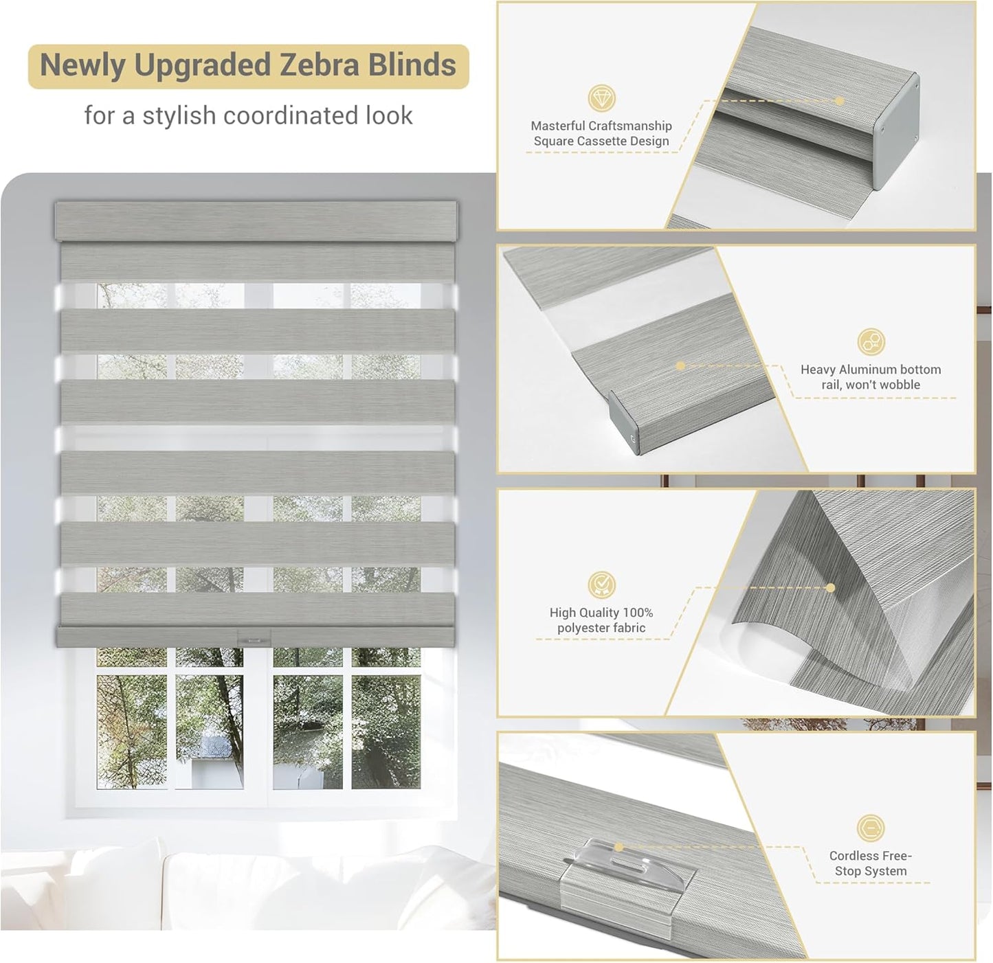 Cordless Zebra Blinds for Windows, Blackout Interior Blinds,Easy to Install,UV Protection,for Offices and Home,Custom Roller Shades, Mousse Light Grey,62" W x 56" H
