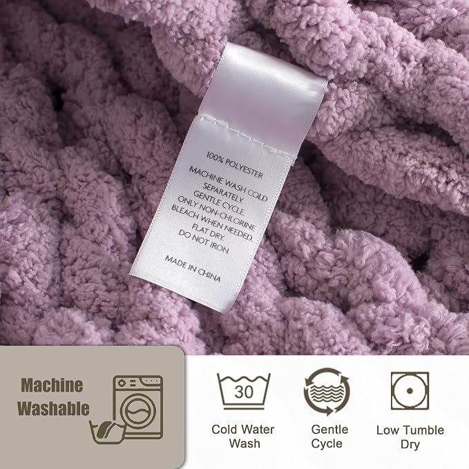 Chunky Knit Throw Blanket 50x60, 100% Handmade Chenille Yarn | 4.4lbs Soft Thick Cable Knitted Blankets, Large Rope Knot Crochet Throws for Couch Sofa Bed Machine Washable, Purple