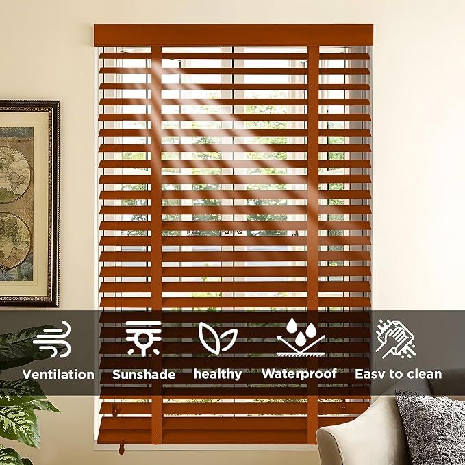 2" Slats Wood Blinds for Indoor Windows: Wooden Blackout Blinds & Shades,Black Out Privacy Horizontal Blinds for Home Bedroom Bathroom Living Room Windows Brown 23.5" WX 36" H