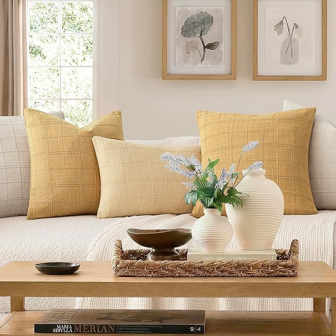 Foindtower Set of 2 Decorative Linen Check Throw Pillow Covers Neutral Farmhouse Vintage Cushion Covers Cozy Modern Boho Accent Home Decor for Sofa Chair Couch Bed Living Room,14×36 Inch,Amber Gold