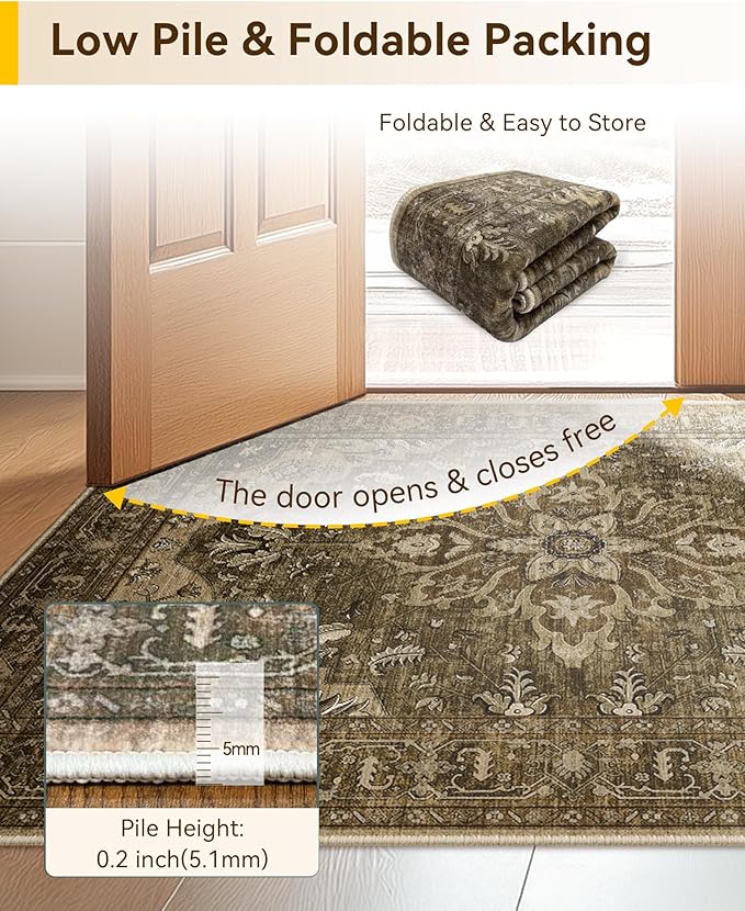 RELEANY Area Rugs Round 8ft Washable Non-Slip, Floral Vintage Distress Print Pattern Medallion Carpet for Living Room Bedroom Dining Room, Brown Dark Brown