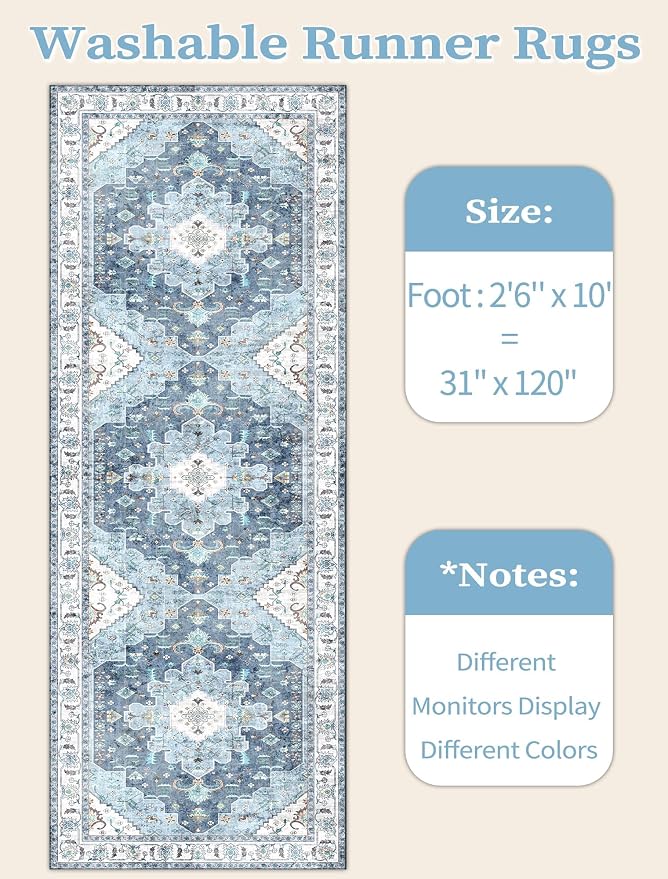 SERISSA Boho Washable Runner Rug, 2'6"x10' Long Non-Slip Vintage Blue Hallway Kitchen Stair Runner Rug Ultra Soft Print Distressed Floor Carpet for Bedroom Bathroom Laundry Room
