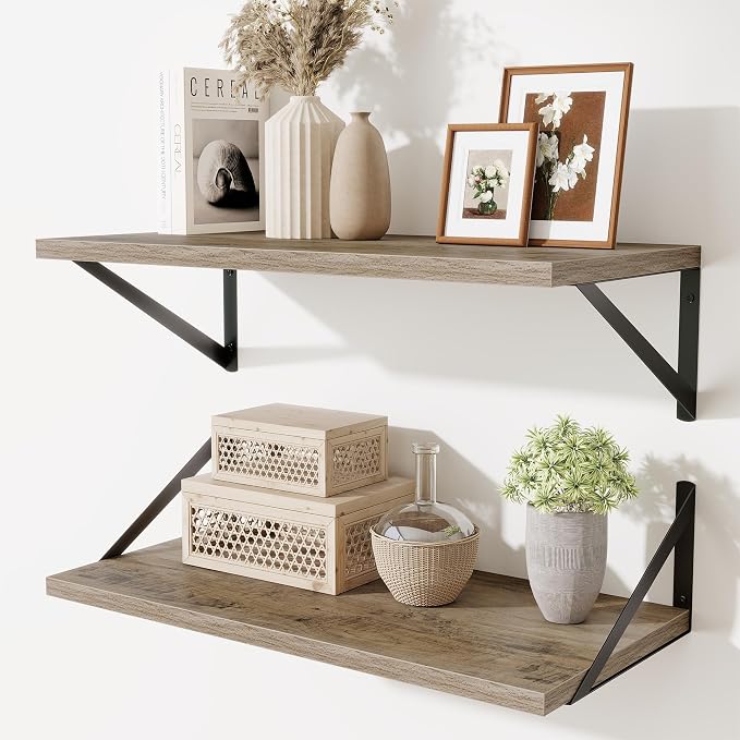 Acovy Deep Floating Shelves,24" Wx10 D Floating Shelf for Wall Set of 2,Hanging Storage Shelf with Metal Brackets,Wide Display Wall Shelves for Living Room,Bedroom,Bathroom,Kitchen,Grey