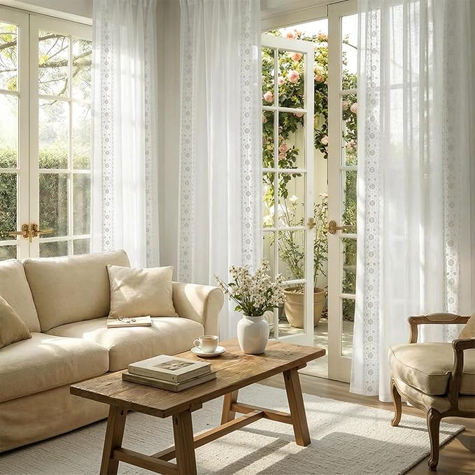 jinchan Weslie Floral White Sheer Curtains for Living Room 96 Inch Long Embroidered Voile Farmhouse Linen Curtains for Bedroom Bordered Flower Patterned Cottage Core Window Drapes 2 Panels Off White