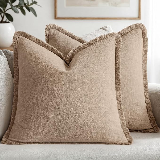 MIULEE Decorative Throw Pillow Covers Neutral Linen Fringe Throw Pillows Euro Shams Set of 2 Camel Boho Farmhouse Cushion Covers for Couch Sofa Bed Living Room Spring Home Decor 24x24 Inch