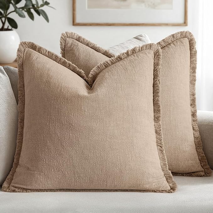 MIULEE Decorative Throw Pillow Covers Neutral Linen Fringe Throw Pillows Euro Shams Set of 2 Camel Boho Farmhouse Cushion Covers for Couch Sofa Bed Living Room Spring Home Decor 24x24 Inch