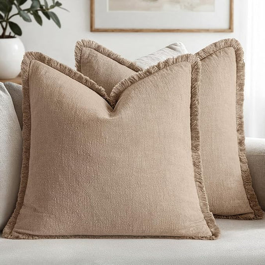 MIULEE Decorative Throw Pillow Covers Neutral Linen Fringe Throw Pillows Euro Shams Set of 2 Camel Boho Farmhouse Cushion Covers for Couch Sofa Bed Living Room Spring Home Decor 24x24 Inch