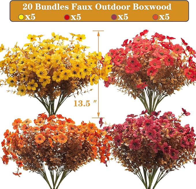 Grunyia 20 Bundles UV Resistant Artificial Fall Flowers for Outdoor - No Maintenance Thanksgiving Decor with Orange Blooms, Faux Silk & Plastic Plants for Porch, Yard (Fall Coffee Mix)