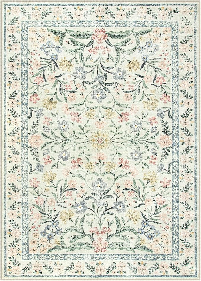 Wonnitar Boho Floral Washable Rugs 5x7, Soft Area Rugs for Bedroom, Ultra-Thin Non Slip Beige Area Carpets, Flower Print Decor Carpet for Living Room Nursery Dining Room Office