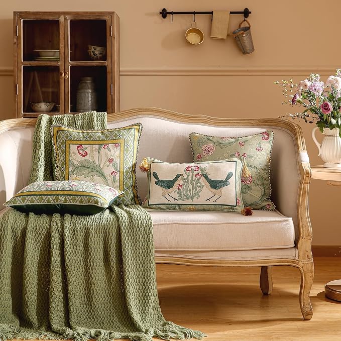 patdrea Designer French Vintage Linen Throw Pillow Cover,12"x20"-Cecilia E | Decorative Pillow Case with Zipper,Green Floral Pattern,Cushion Coverfor Couch Living Room Bedroom Sofa
